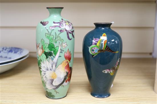 A Japanese Ginbari enamelled vase decorated with a cockerel on a green ground and a smaller vase H 7.5cm (tallest)